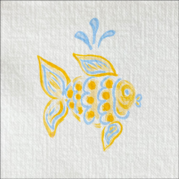 Paviot, Napkin, Poisson Age printed with fish in yellow blue, detail